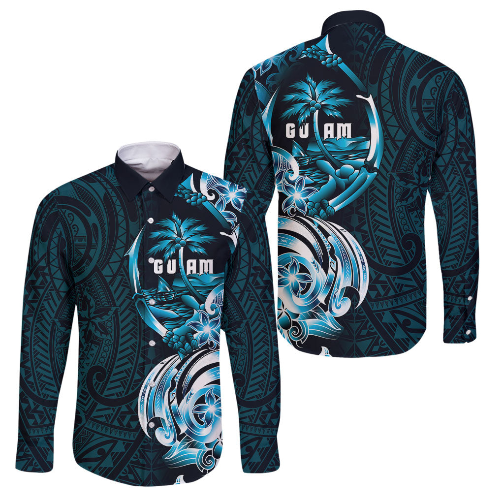 Asut Guam Chamorro Family Matching Short Sleeve Bodycon Dress and Hawaiian Shirt Guahan Seal Tattoo LT14 Dad's Shirt - Long Sleeve Blue - Polynesian Pride
