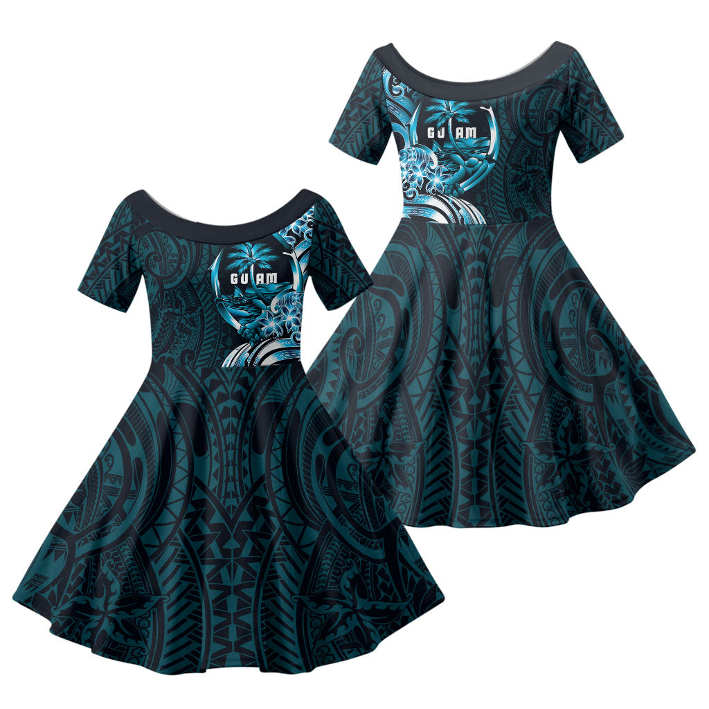 Asut Guam Chamorro Family Matching Short Sleeve Bodycon Dress and Hawaiian Shirt Guahan Seal Tattoo LT14 Daughter's Dress Blue - Polynesian Pride