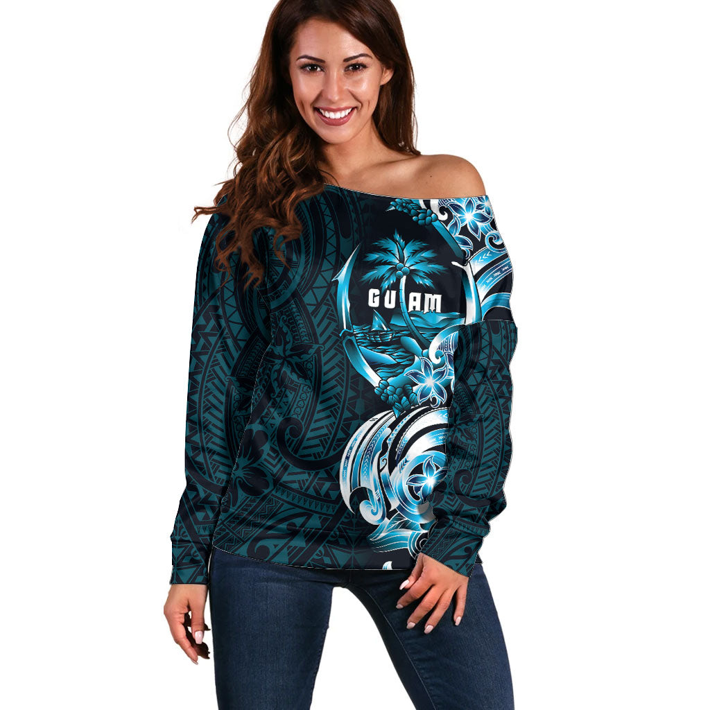 Asut Guam Chamorro Off Shoulder Sweater Guahan Seal Tattoo LT14 Women Blue - Polynesian Pride