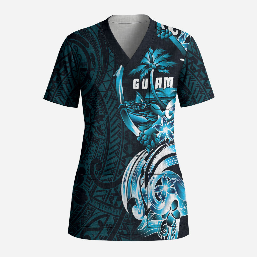 Asut Guam Chamorro Scrub Top Guahan Seal Tattoo LT14 Adult Blue - Polynesian Pride