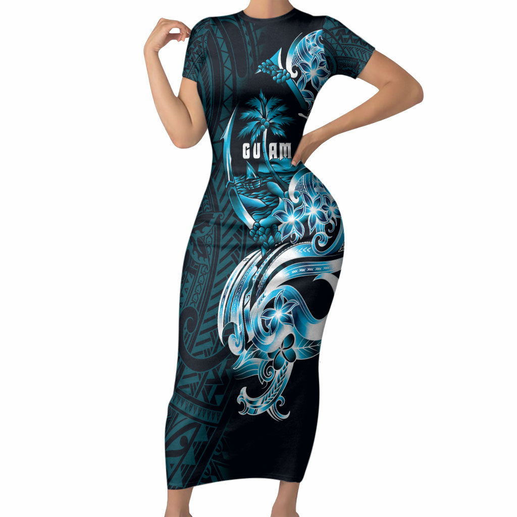 Asut Guam Chamorro Short Sleeve Bodycon Dress Guahan Seal Tattoo LT14 Long Dress Blue - Polynesian Pride
