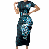 Asut Guam Chamorro Short Sleeve Bodycon Dress Guahan Seal Tattoo LT14 Long Dress Blue - Polynesian Pride