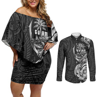 Attelong Guam Chamorro Couples Matching Off Shoulder Short Dress and Long Sleeve Button Shirt Guahan Seal Tattoo LT14 Black - Polynesian Pride