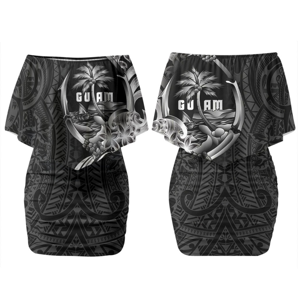 Attelong Guam Chamorro Couples Matching Off Shoulder Short Dress and Long Sleeve Button Shirt Guahan Seal Tattoo LT14 - Polynesian Pride