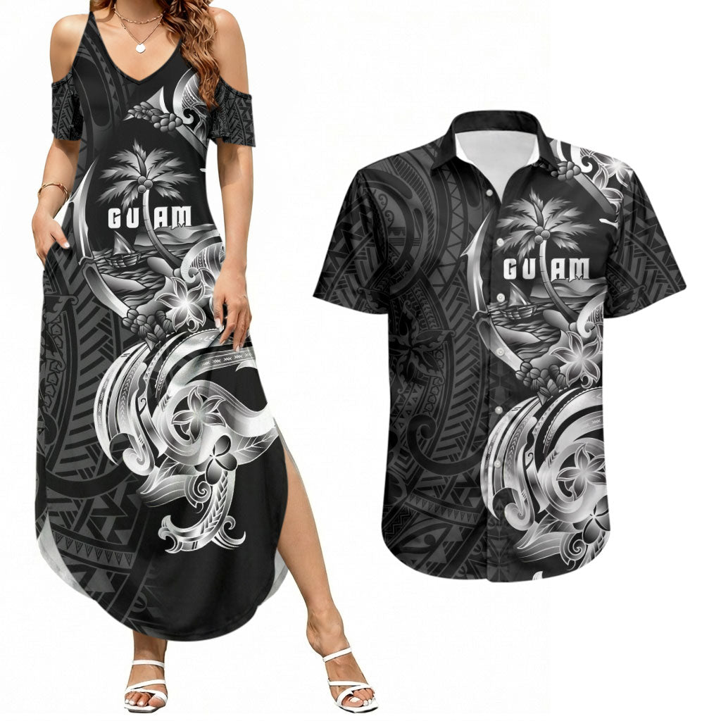 Attelong Guam Chamorro Couples Matching Summer Maxi Dress and Hawaiian Shirt Guahan Seal Tattoo LT14 Black - Polynesian Pride