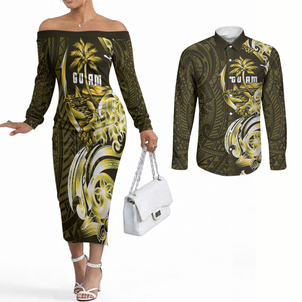 Amariyu Guam Chamorro Couples Matching Off The Shoulder Long Sleeve Dress and Long Sleeve Button Shirt Guahan Seal Tattoo LT14 Yellow - Polynesian Pride