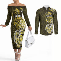 Amariyu Guam Chamorro Couples Matching Off The Shoulder Long Sleeve Dress and Long Sleeve Button Shirt Guahan Seal Tattoo LT14 Yellow - Polynesian Pride