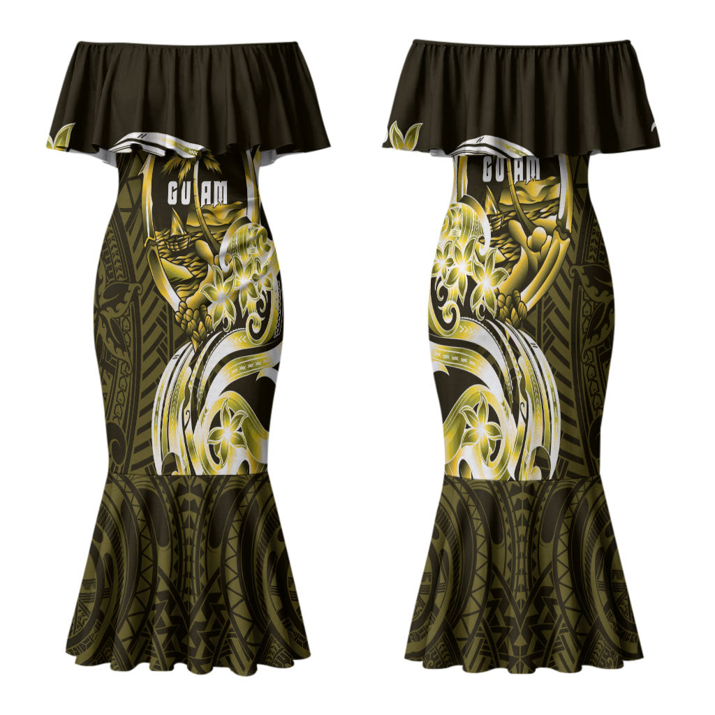 Amariyu Guam Chamorro Family Matching Mermaid Dress and Hawaiian Shirt Guahan Seal Tattoo LT14 Mom's Dress Yellow - Polynesian Pride