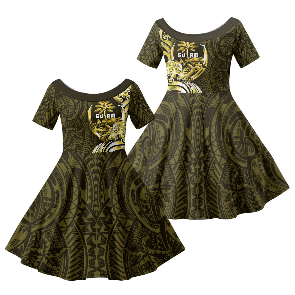 Amariyu Guam Chamorro Family Matching Mermaid Dress and Hawaiian Shirt Guahan Seal Tattoo LT14 Daughter's Dress Yellow - Polynesian Pride