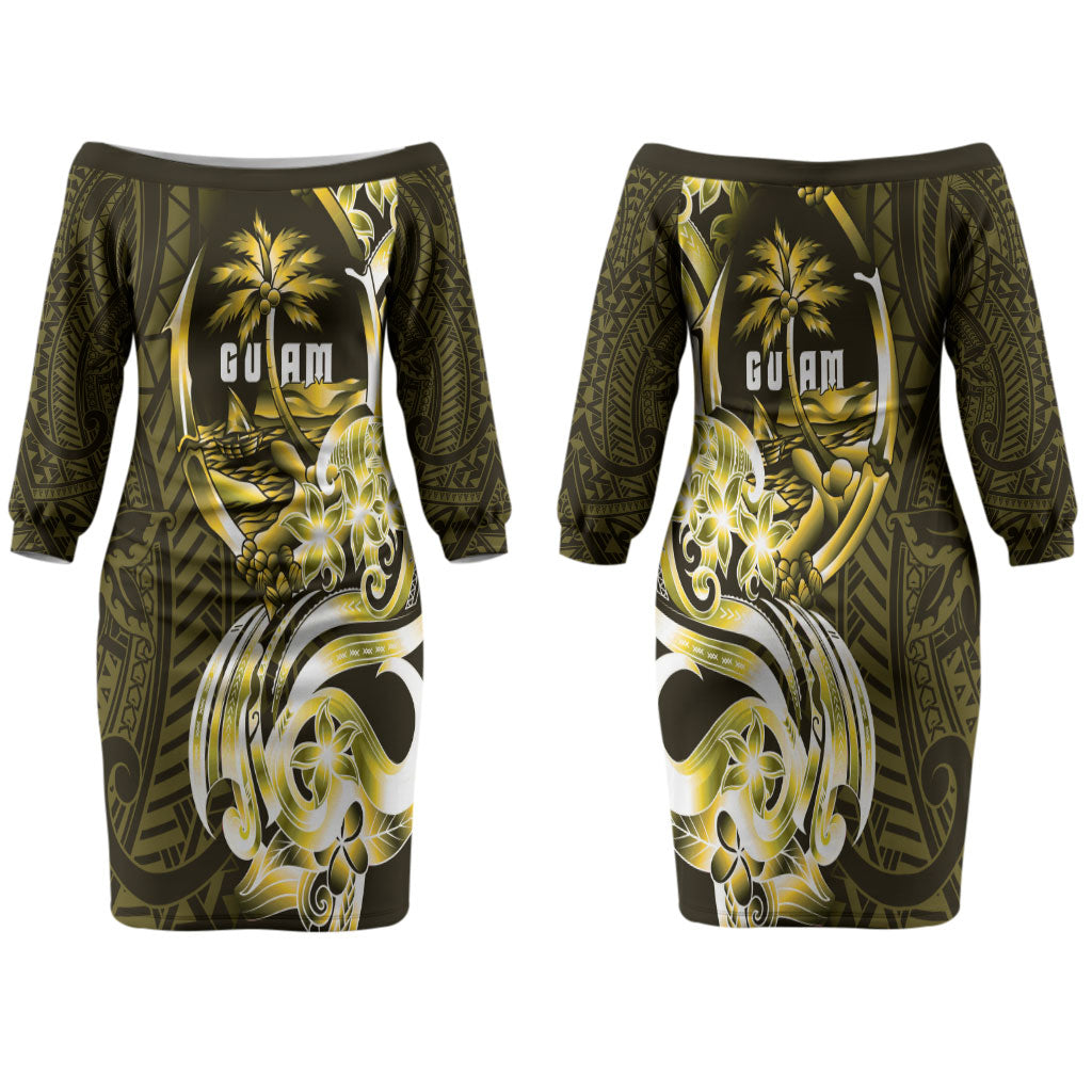 Amariyu Guam Chamorro Family Matching Off The Shoulder Long Sleeve Dress and Hawaiian Shirt Guahan Seal Tattoo LT14 Mom's Dress Yellow - Polynesian Pride