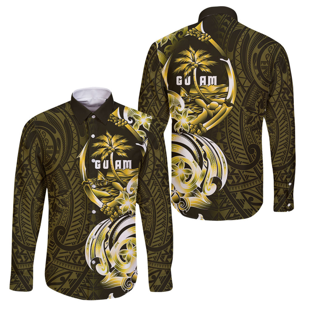 Amariyu Guam Chamorro Family Matching Tank Maxi Dress and Hawaiian Shirt Guahan Seal Tattoo LT14 Dad's Shirt - Long Sleeve Yellow - Polynesian Pride