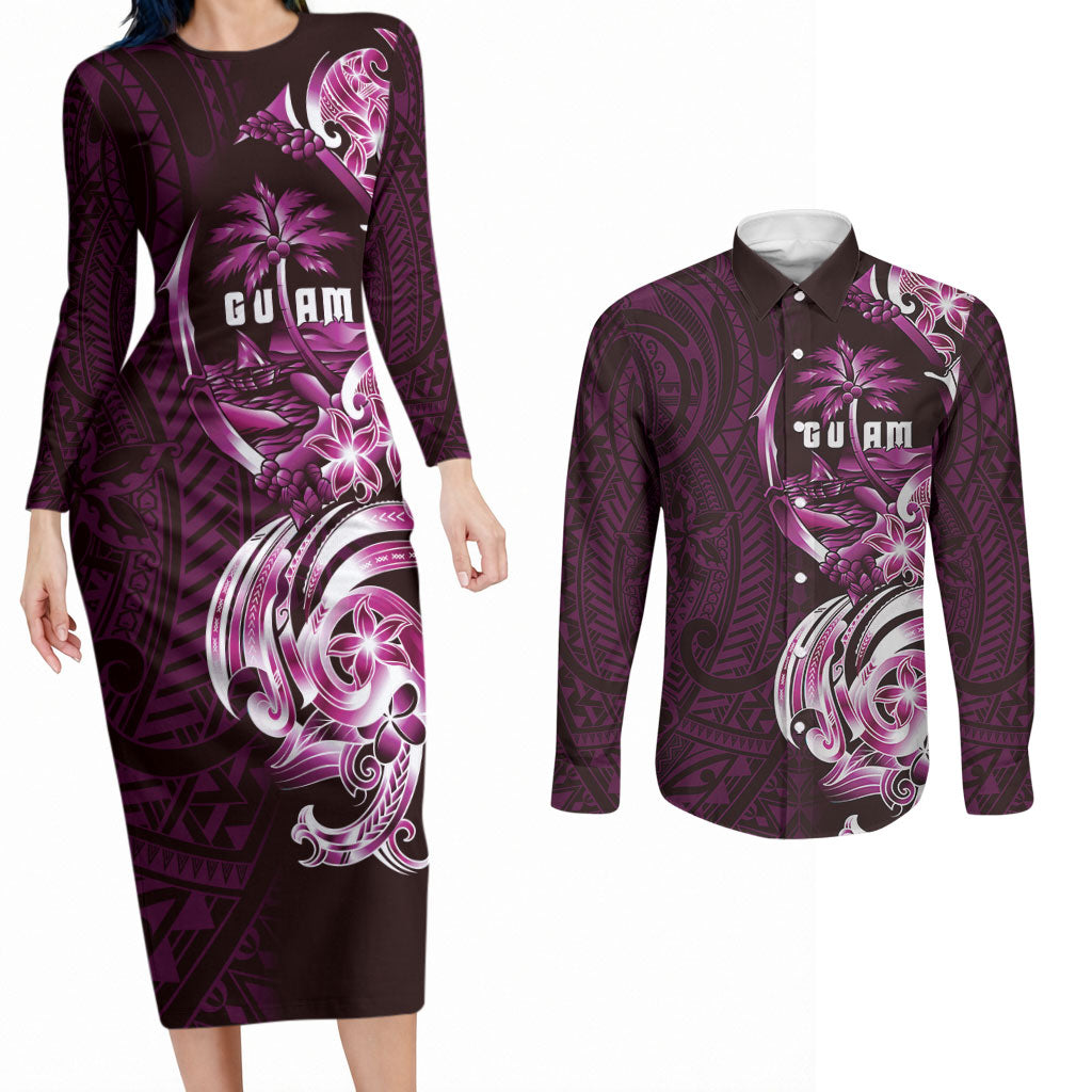 Kulot Di Rosa Guam Chamorro Couples Matching Long Sleeve Bodycon Dress and Long Sleeve Button Shirt Guahan Seal Tattoo LT14 Pink - Polynesian Pride