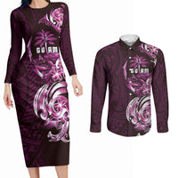 Kulot Di Rosa Guam Chamorro Couples Matching Long Sleeve Bodycon Dress and Long Sleeve Button Shirt Guahan Seal Tattoo LT14 Pink - Polynesian Pride