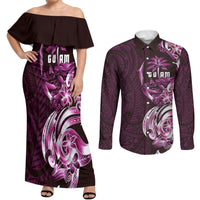 Kulot Di Rosa Guam Chamorro Couples Matching Off Shoulder Maxi Dress and Long Sleeve Button Shirt Guahan Seal Tattoo LT14 Pink - Polynesian Pride