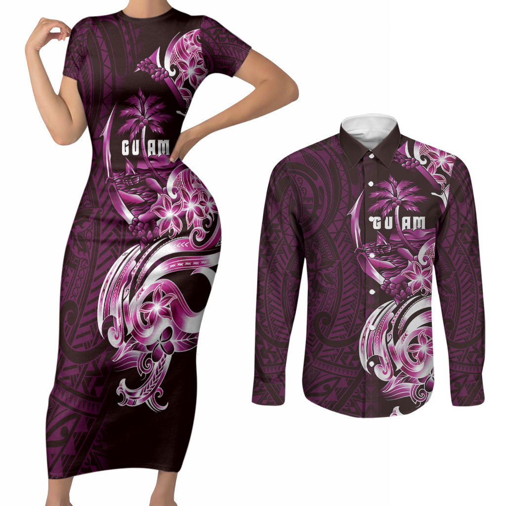 Kulot Di Rosa Guam Chamorro Couples Matching Short Sleeve Bodycon Dress and Long Sleeve Button Shirt Guahan Seal Tattoo LT14 Pink - Polynesian Pride
