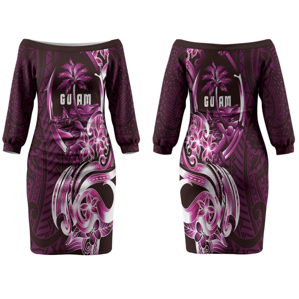 Kulot Di Rosa Guam Chamorro Family Matching Off The Shoulder Long Sleeve Dress and Hawaiian Shirt Guahan Seal Tattoo LT14 Mom's Dress Pink - Polynesian Pride