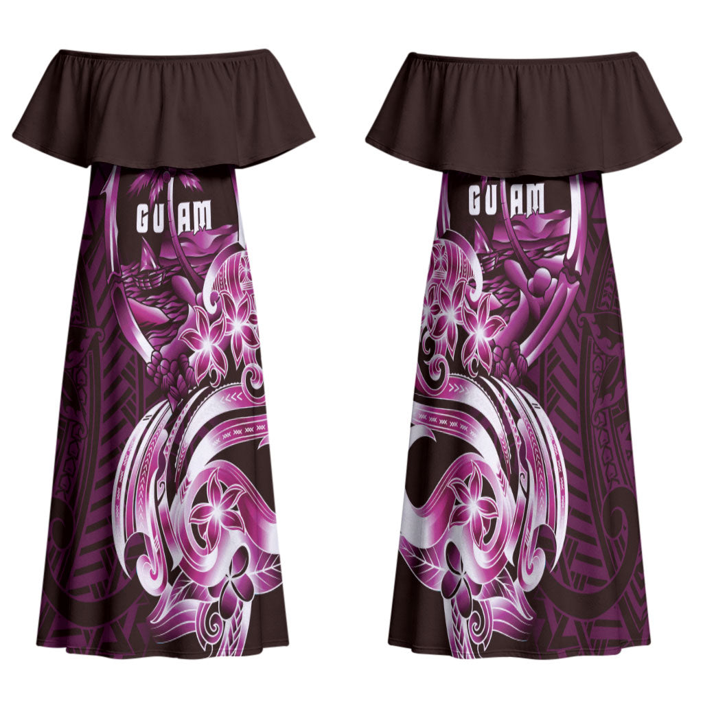 Kulot Di Rosa Guam Chamorro Family Matching Off Shoulder Maxi Dress and Hawaiian Shirt Guahan Seal Tattoo LT14 Mom's Dress Pink - Polynesian Pride