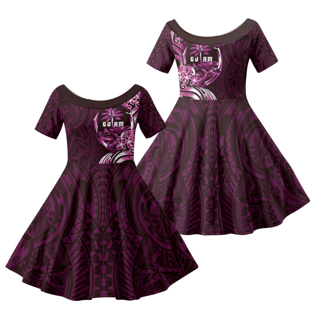 Kulot Di Rosa Guam Chamorro Family Matching Off Shoulder Maxi Dress and Hawaiian Shirt Guahan Seal Tattoo LT14 Daughter's Dress Pink - Polynesian Pride