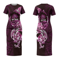 Kulot Di Rosa Guam Chamorro Family Matching Short Sleeve Bodycon Dress and Hawaiian Shirt Guahan Seal Tattoo LT14 Mom's Dress Pink - Polynesian Pride