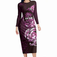 Kulot Di Rosa Guam Chamorro Long Sleeve Bodycon Dress Guahan Seal Tattoo LT14 Long Dress Pink - Polynesian Pride
