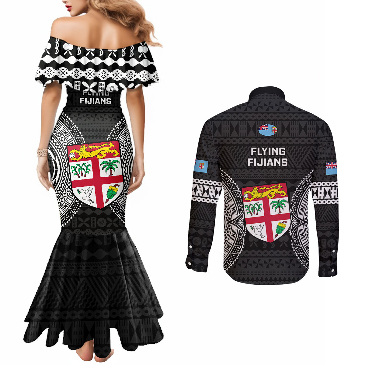 Fiji Rugby Couples Matching Mermaid Dress and Long Sleeve Button Shirts 2023 Fijian Tapa Pattern World Cup Black LT14 - Polynesian Pride