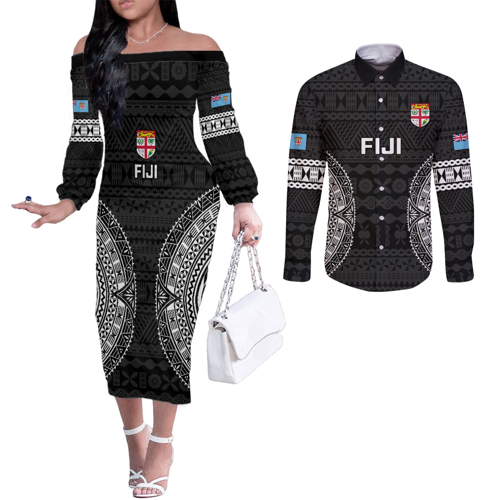 Fiji Rugby Couples Matching Off The Shoulder Long Sleeve Dress and Long Sleeve Button Shirts 2023 Fijian Tapa Pattern World Cup Black LT14 Black - Polynesian Pride