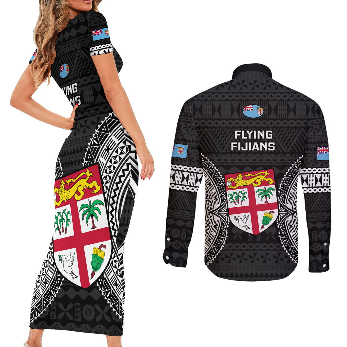 Fiji Rugby Couples Matching Short Sleeve Bodycon Dress and Long Sleeve Button Shirts 2023 Fijian Tapa Pattern World Cup Black LT14 - Polynesian Pride