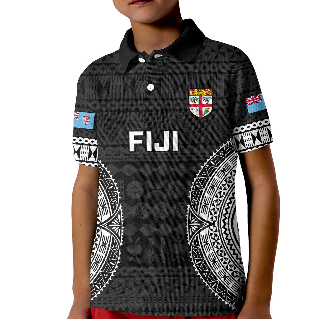 Fiji Rugby Kid Polo Shirt 2023 Fijian Tapa Pattern World Cup Black LT14 Kid Black - Polynesian Pride
