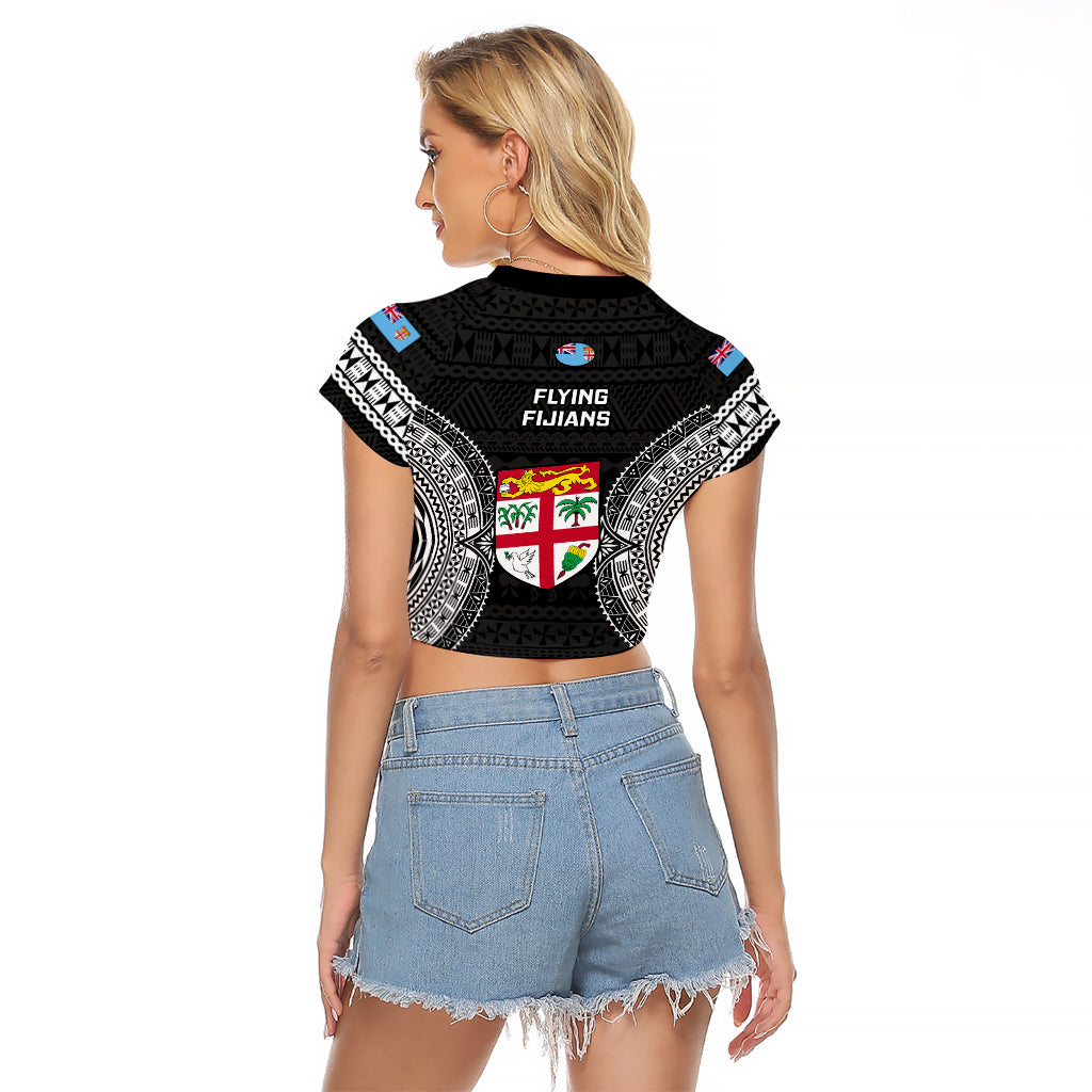 Fiji Rugby Raglan Cropped T Shirt 2023 Fijian Tapa Pattern World Cup Black LT14 - Polynesian Pride