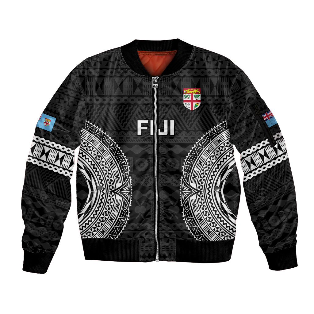 Fiji Rugby Sleeve Zip Bomber Jacket 2023 Fijian Tapa Pattern World Cup Black LT14 Unisex Black - Polynesian Pride
