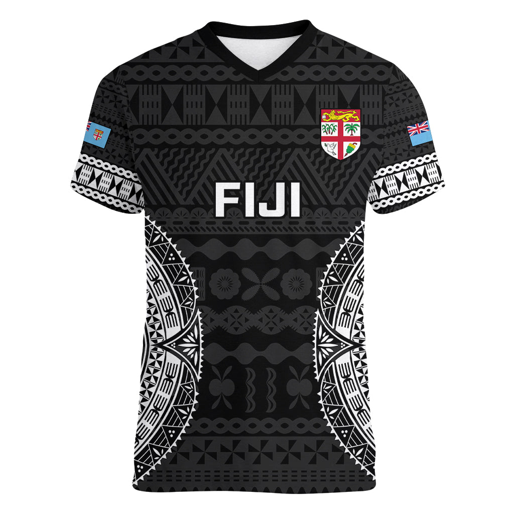 Fiji Rugby Women V Neck T Shirt 2023 Fijian Tapa Pattern World Cup Black LT14 Female Black - Polynesian Pride