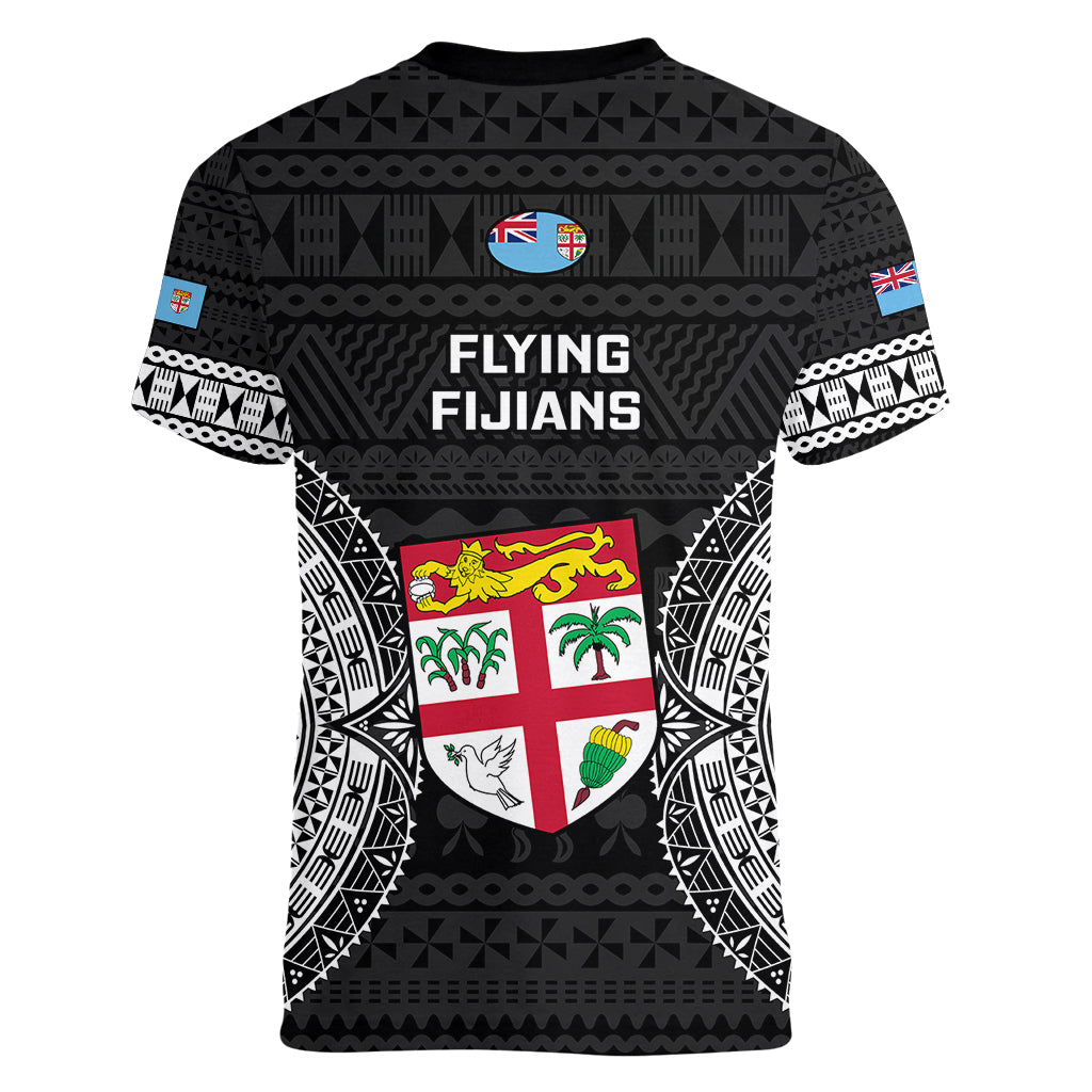 Fiji Rugby Women V Neck T Shirt 2023 Fijian Tapa Pattern World Cup Black LT14 - Polynesian Pride