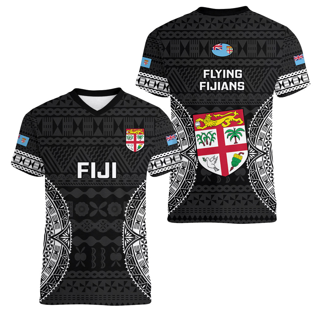 Fiji Rugby Women V Neck T Shirt 2023 Fijian Tapa Pattern World Cup Black LT14 - Polynesian Pride
