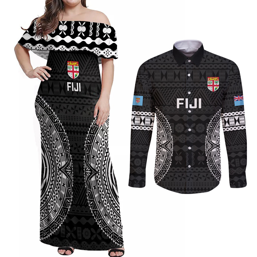 Custom Fiji Rugby Couples Matching Off Shoulder Maxi Dress and Long Sleeve Button Shirts 2023 Fijian Tapa Pattern World Cup Black LT14 Black - Polynesian Pride