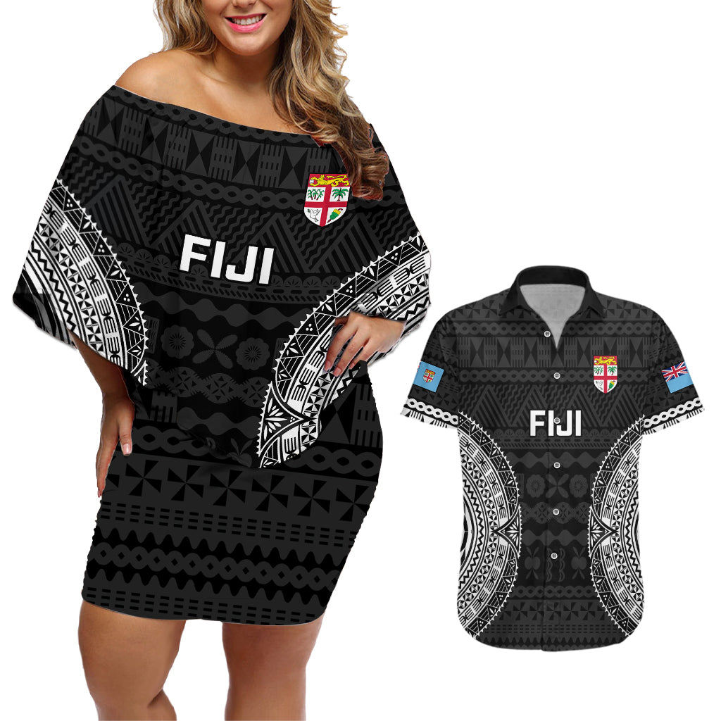 Custom Fiji Rugby Couples Matching Off Shoulder Short Dress and Hawaiian Shirt 2023 Fijian Tapa Pattern World Cup Black LT14 Black - Polynesian Pride