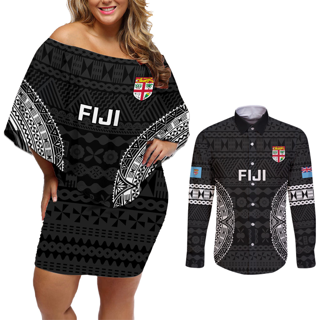 Custom Fiji Rugby Couples Matching Off Shoulder Short Dress and Long Sleeve Button Shirts 2023 Fijian Tapa Pattern World Cup Black LT14 Black - Polynesian Pride