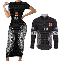 Custom Fiji Rugby Couples Matching Short Sleeve Bodycon Dress and Long Sleeve Button Shirts 2023 Fijian Tapa Pattern World Cup Black LT14 Black - Polynesian Pride
