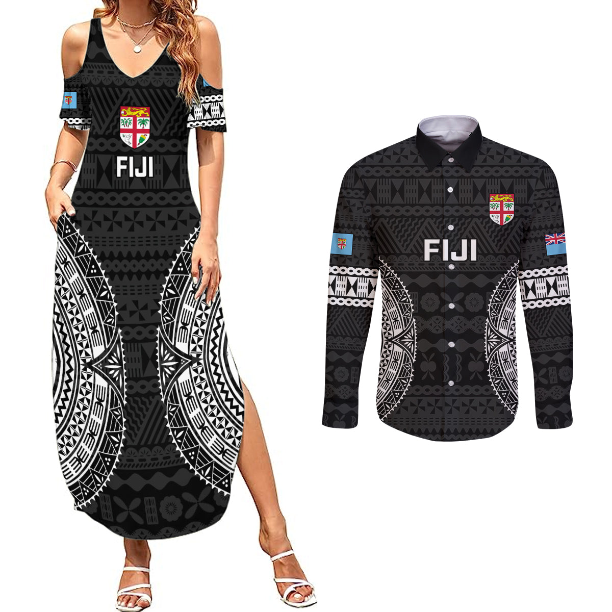 Custom Fiji Rugby Couples Matching Summer Maxi Dress and Long Sleeve Button Shirts 2023 Fijian Tapa Pattern World Cup Black LT14 Black - Polynesian Pride