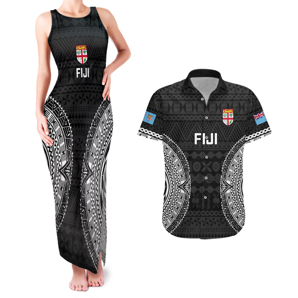 Custom Fiji Rugby Couples Matching Tank Maxi Dress and Hawaiian Shirt 2023 Fijian Tapa Pattern World Cup Black LT14 Black - Polynesian Pride