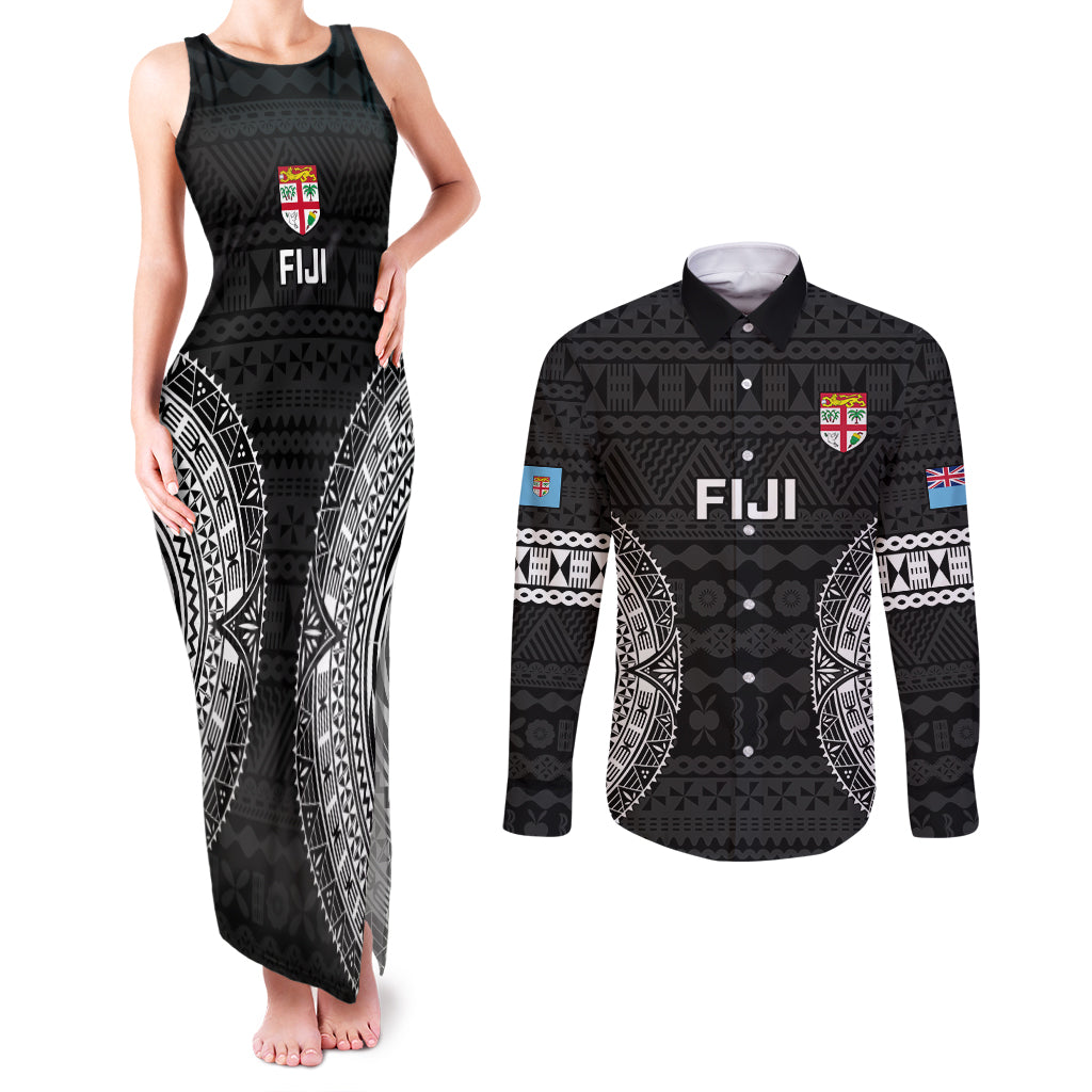 Custom Fiji Rugby Couples Matching Tank Maxi Dress and Long Sleeve Button Shirts 2023 Fijian Tapa Pattern World Cup Black LT14 Black - Polynesian Pride