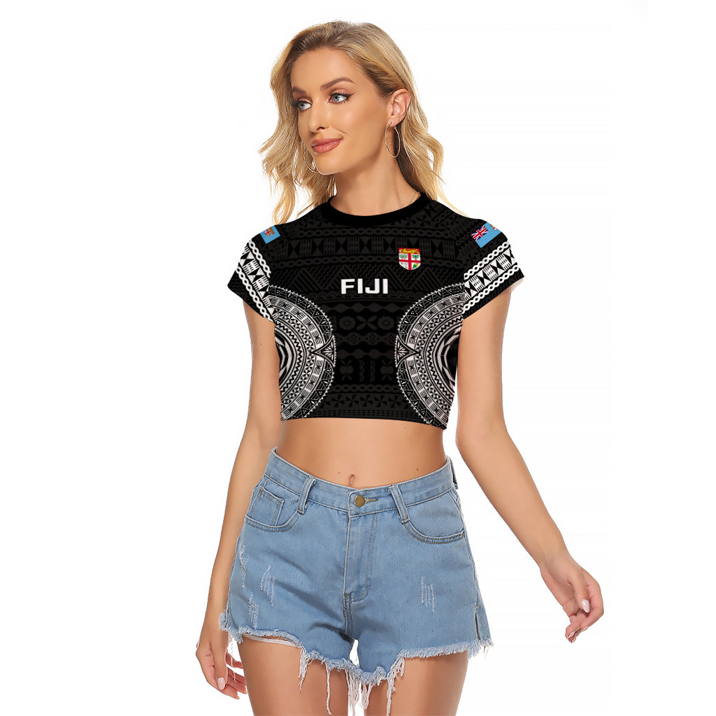 Custom Fiji Rugby Raglan Cropped T Shirt 2023 Fijian Tapa Pattern World Cup Black LT14 Female Black - Polynesian Pride