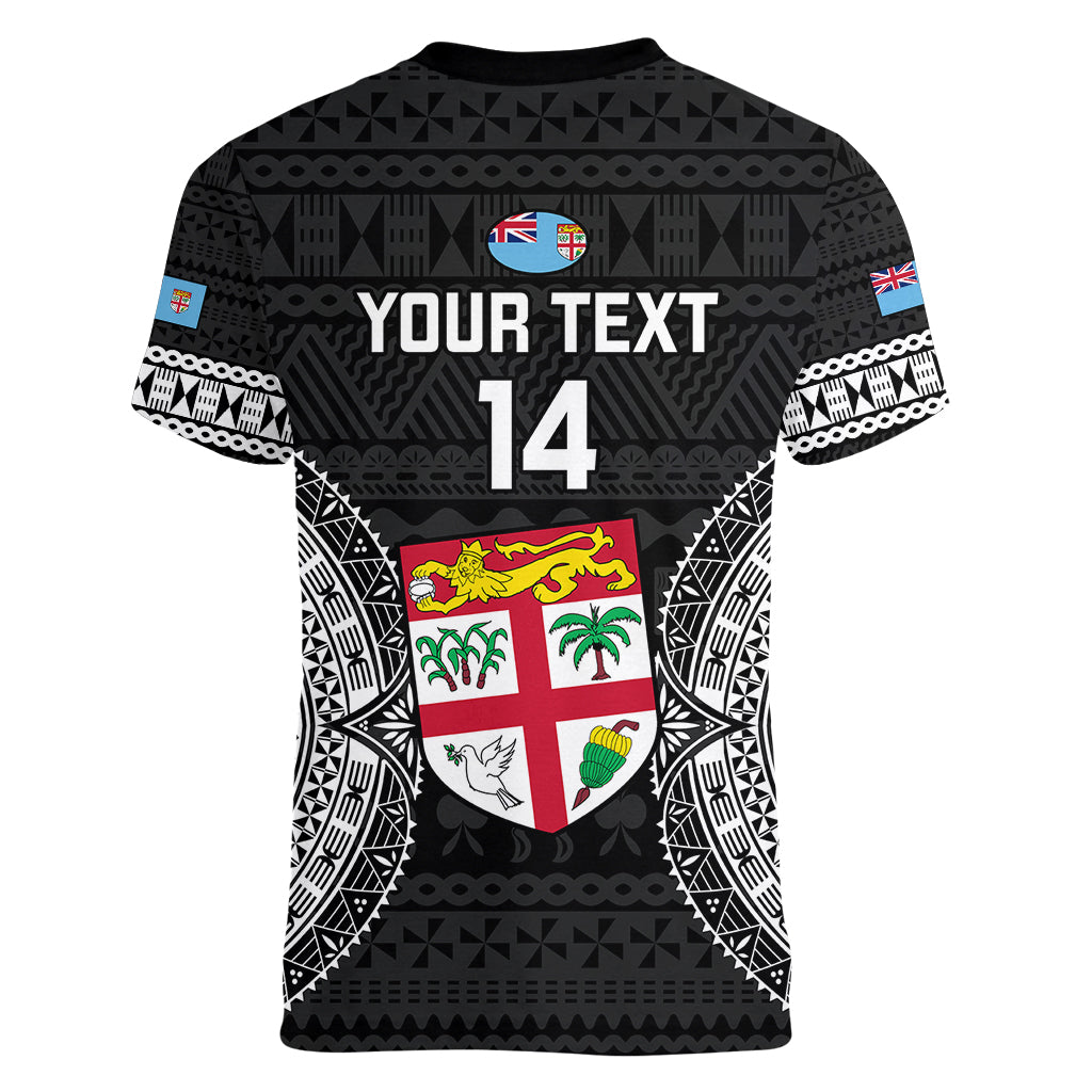 Custom Fiji Rugby Women V Neck T Shirt 2023 Fijian Tapa Pattern World Cup Black LT14 - Polynesian Pride