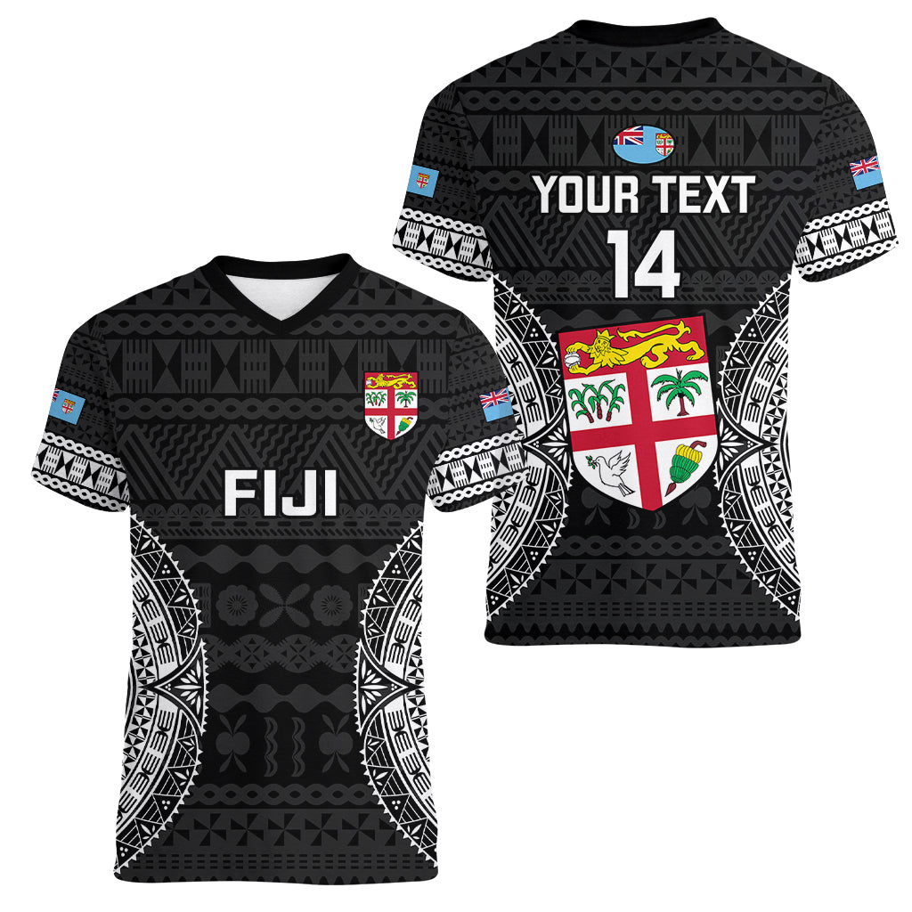 Custom Fiji Rugby Women V Neck T Shirt 2023 Fijian Tapa Pattern World Cup Black LT14 - Polynesian Pride