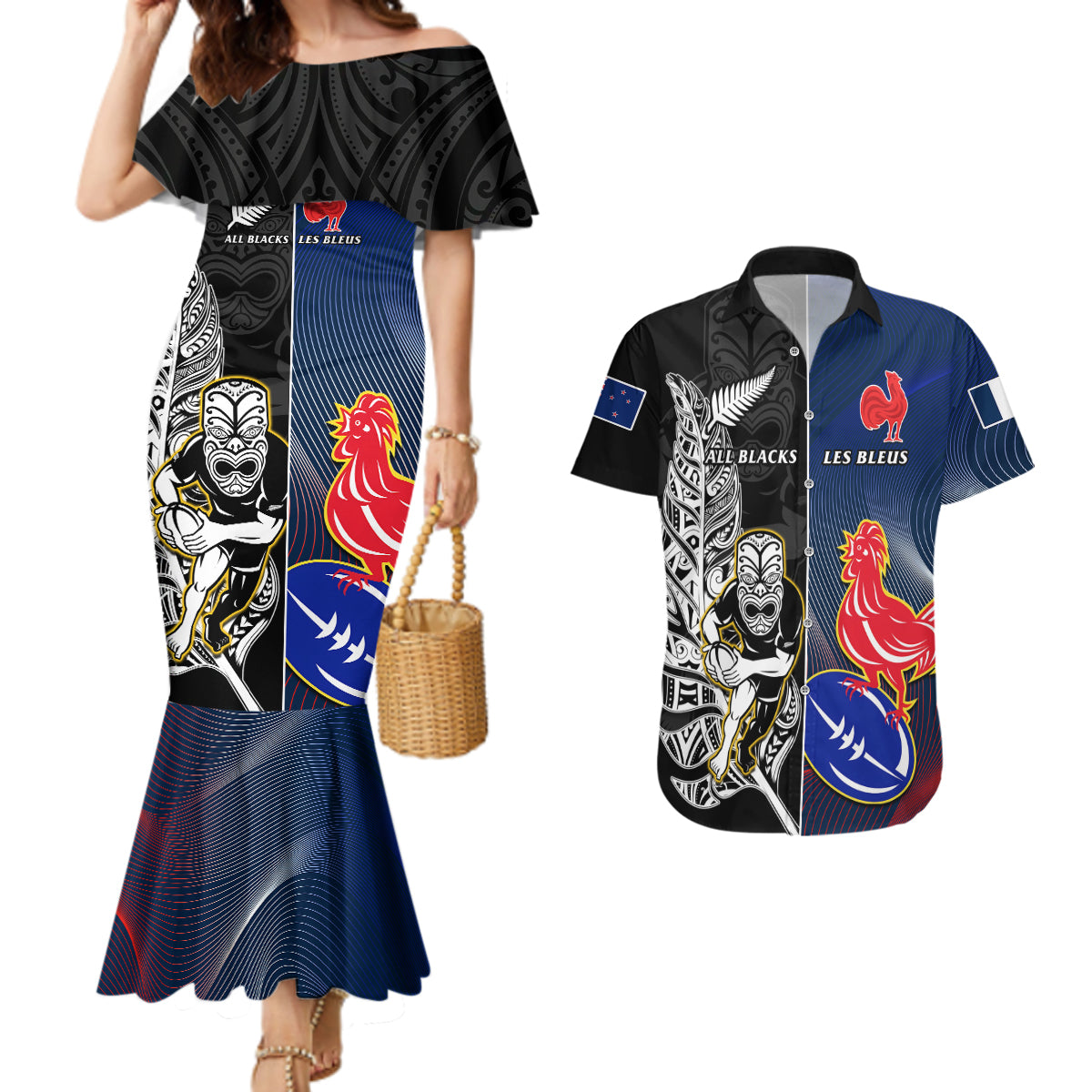 New Zealand And France Rugby Couples Matching Mermaid Dress and Hawaiian Shirt All Black With Les Bleus Together 2023 World Cup LT14 Black - Polynesian Pride