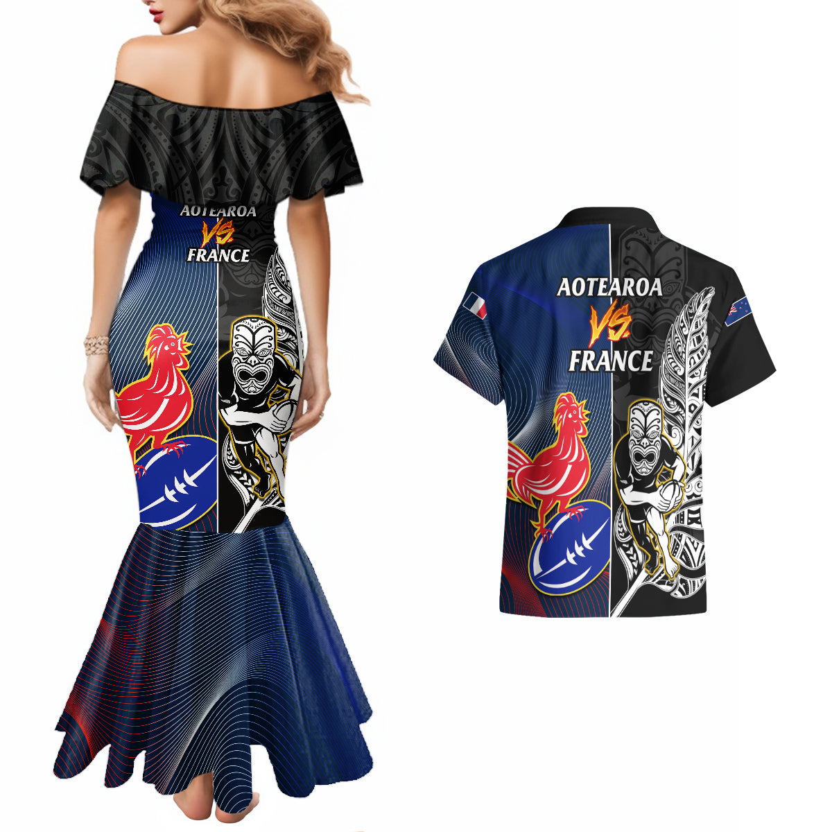 New Zealand And France Rugby Couples Matching Mermaid Dress and Hawaiian Shirt All Black With Les Bleus Together 2023 World Cup LT14 - Polynesian Pride