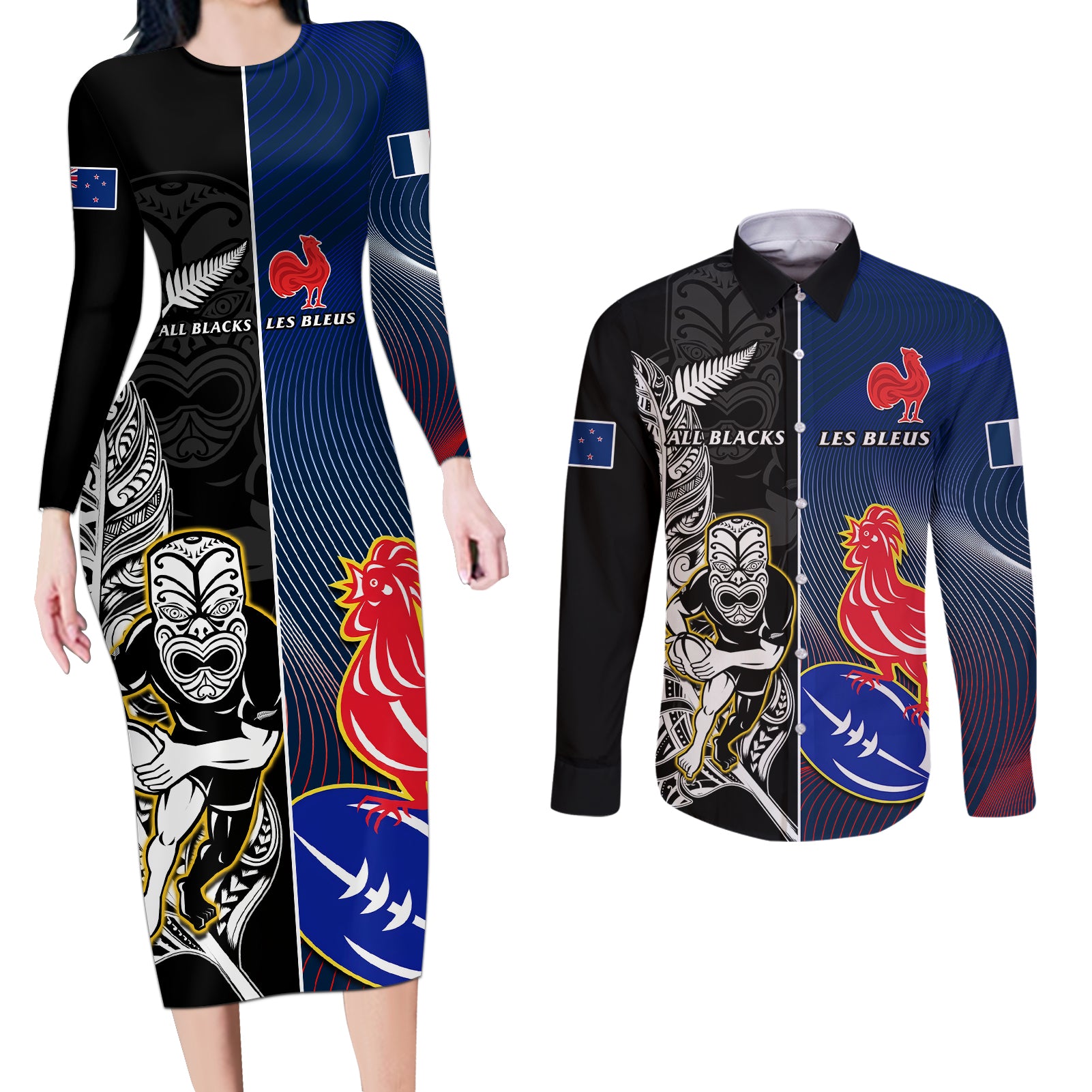 Custom New Zealand And France Rugby Couples Matching Long Sleeve Bodycon Dress and Long Sleeve Button Shirts All Black With Les Bleus Together 2023 World Cup LT14 Black - Polynesian Pride