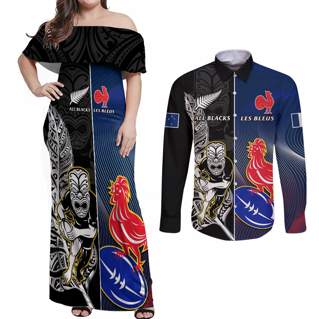 Custom New Zealand And France Rugby Couples Matching Off Shoulder Maxi Dress and Long Sleeve Button Shirts All Black With Les Bleus Together 2023 World Cup LT14 Black - Polynesian Pride