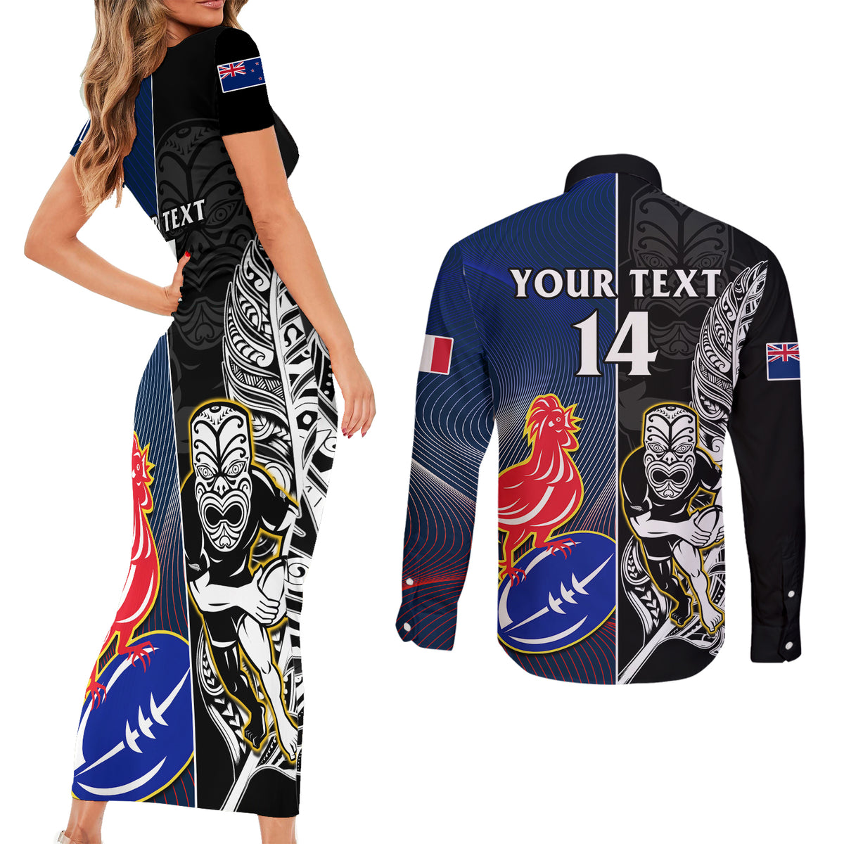 Custom New Zealand And France Rugby Couples Matching Short Sleeve Bodycon Dress and Long Sleeve Button Shirts All Black With Les Bleus Together 2023 World Cup LT14 - Polynesian Pride
