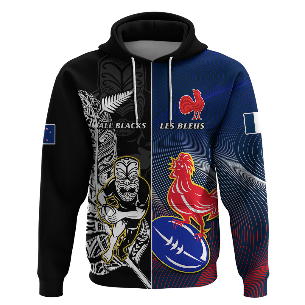 Custom New Zealand And France Rugby Hoodie All Black With Les Bleus Together 2023 World Cup LT14 Pullover Hoodie Black - Polynesian Pride