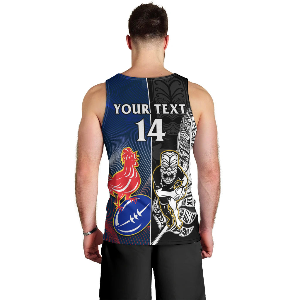 Custom New Zealand And France Rugby Men Tank Top All Black With Les Bleus Together 2023 World Cup LT14 - Polynesian Pride